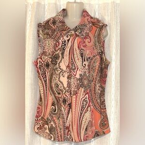 Tommy Hilfiger sleeveless, button down, pink paisley top.